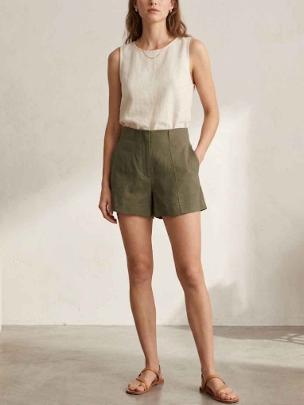 ZARA Olive Green High Waisted Shorts Structured Minimalist Utility Size XS